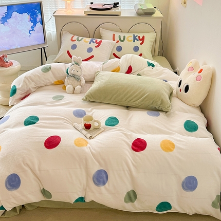 昔可家纺 2023新款大版印花枕套牛奶绒系列四件套 彩色波点