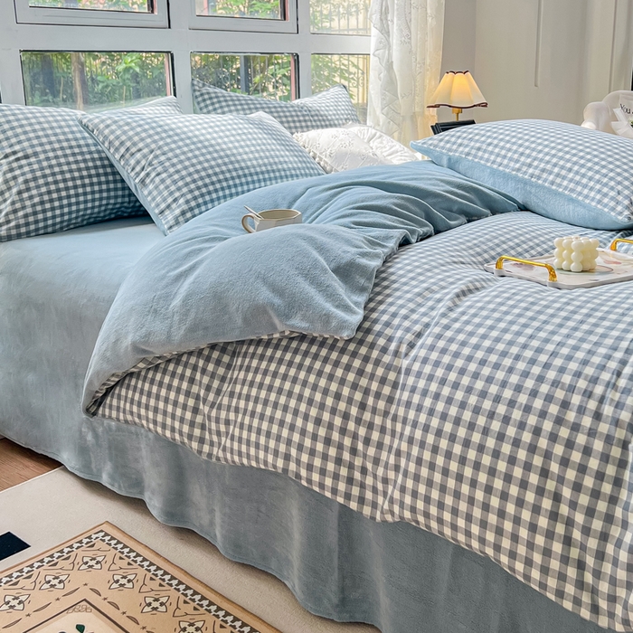 91家纺网 家纺一手货源 找家纺 柠萌家居 2023新款全棉色织水洗棉加牛奶绒四件套全棉拼牛奶绒 棉+绒-浅蓝小格