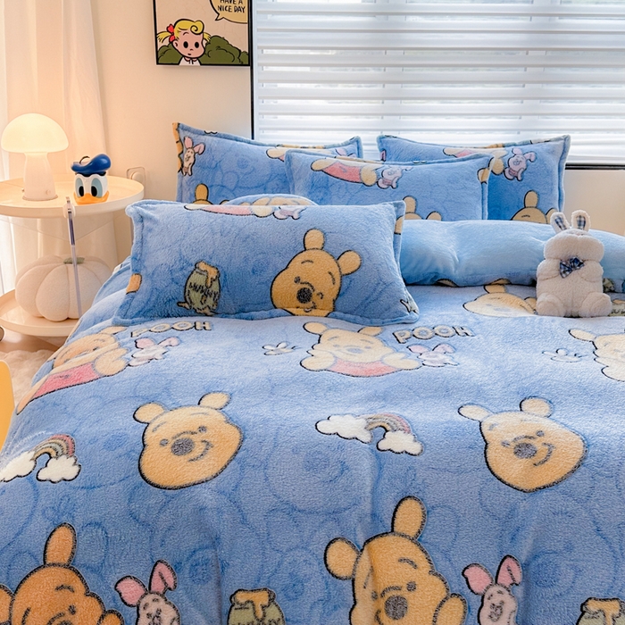 91家纺网 家纺一手货源 找家纺 美莱 2023爆款雪花绒四件套法莱绒牛奶绒被套量大价格优惠 维尼熊