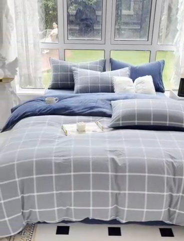 91家纺网 家纺一手货源 找家纺 柠萌家居 2023新款全棉色织水洗棉加牛奶绒四件套全棉拼牛奶绒 棉+绒-海蓝大格