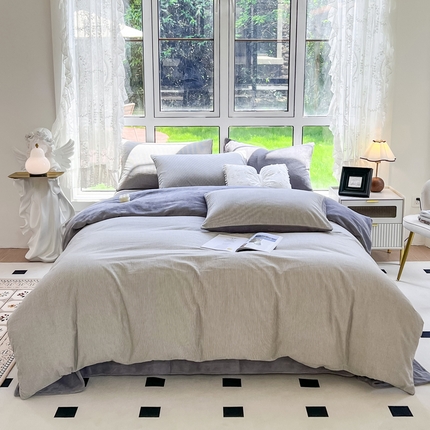 91家纺网 家纺一手货源 找家纺 （总）柠萌家居 2023新款全棉色织水洗棉加牛奶绒四件套全棉拼牛奶绒