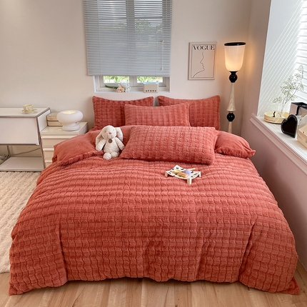 91家纺网 家纺一手货源 找家纺 妖妖家纺 2023兔毛四件套-小玫瑰小格子 橘红