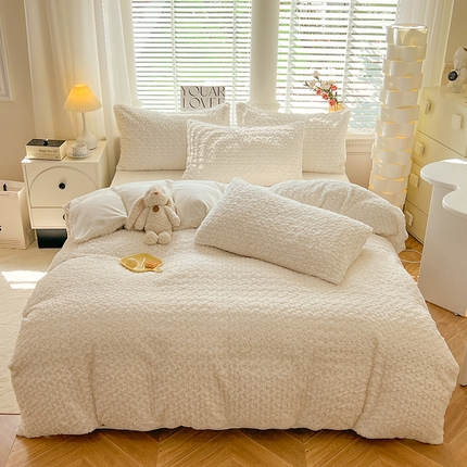 妖妖家纺 2023兔毛四件套-小玫瑰小格子 玫瑰米白