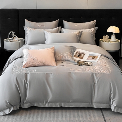 魅都 100s长绒棉简约轻奢刺绣四件套 婉玉-高级灰