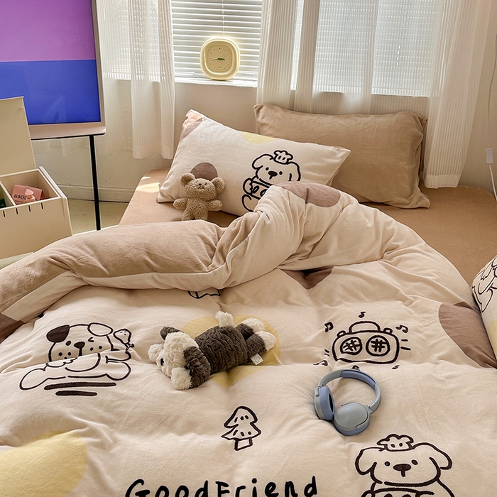 91家纺网 家纺一手货源 找家纺 昔可家纺 2023新款大版数码印花保暖牛奶绒四件套 狗狗厨师