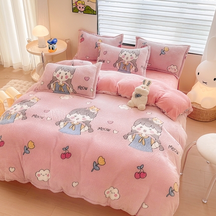 91家纺网 家纺一手货源 找家纺 美莱 2023爆款雪花绒四件套法莱绒牛奶绒被套量大价格优惠 快乐女孩