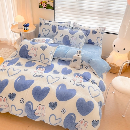 91家纺网 家纺一手货源 找家纺 美莱 2023爆款雪花绒四件套法莱绒牛奶绒被套量大价格优惠 爱心兔