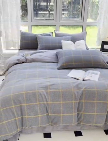 91家纺网 家纺一手货源 找家纺 柠萌家居 2023新款全棉色织水洗棉加牛奶绒四件套全棉拼牛奶绒 棉+绒-瓦尔灰