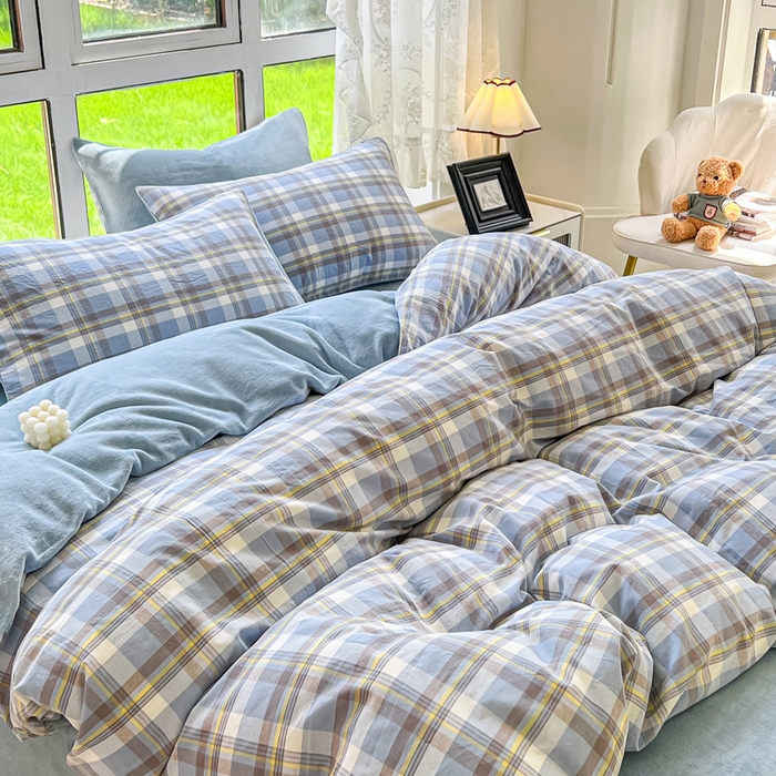 91家纺网 家纺一手货源 找家纺 柠萌家居 2023新款全棉色织水洗棉加牛奶绒四件套全棉拼牛奶绒 棉+绒-简兮蓝