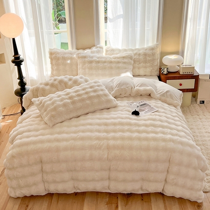 91家纺网 家纺一手货源 找家纺 妖妖 2023新款兔毛牛奶绒四件套-泡芙 泡芙-米白