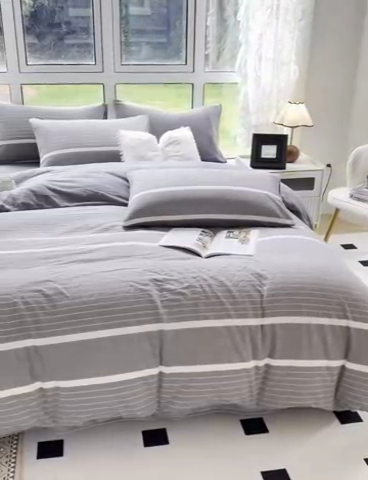 91家纺网 家纺一手货源 找家纺 柠萌家居 2023新款全棉色织水洗棉加牛奶绒四件套全棉拼牛奶绒 棉+绒-宽双线冷灰