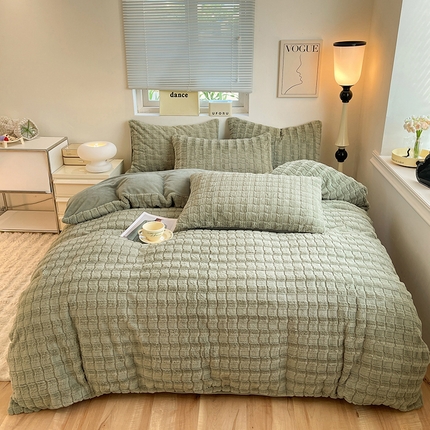 妖妖家纺 2023兔毛四件套-小玫瑰小格子 豆绿