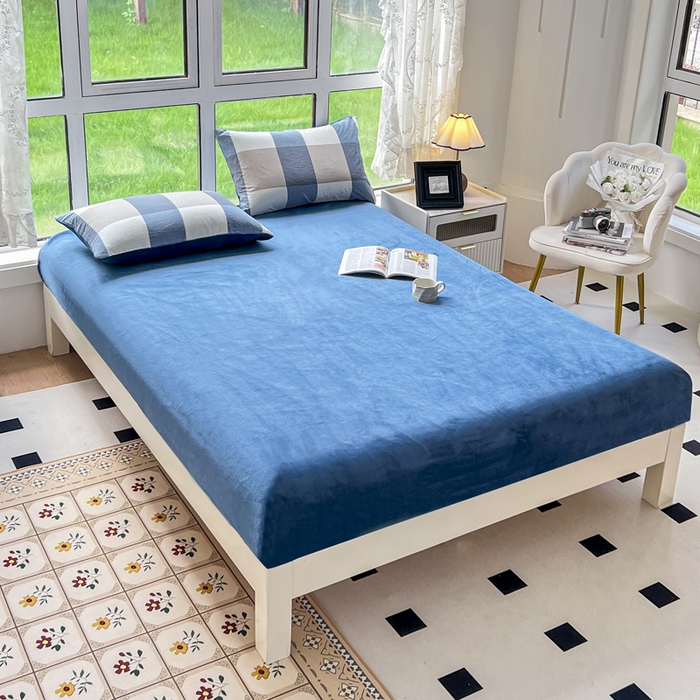 91家纺网 家纺一手货源 找家纺 柠萌家居 2023新款全棉色织水洗棉加牛奶绒四件套全棉拼牛奶绒 棉+绒-蓝调格