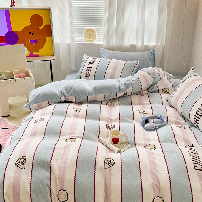 91家纺网 家纺一手货源 找家纺 昔可家纺 2023新款大版数码印花保暖牛奶绒四件套 美食派对