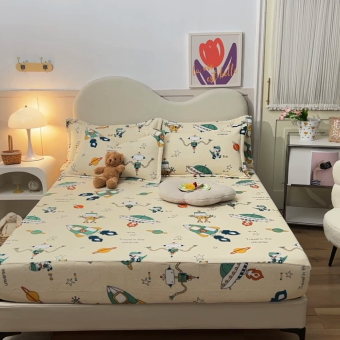 91家纺网 家纺一手货源 找家纺 甜之梦2025新款印花牛奶绒单品床笠可定制任何尺寸（可接异型缺角） 太空机器人米白