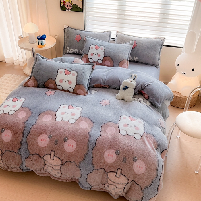 91家纺网 家纺一手货源 找家纺 美莱 2023爆款雪花绒四件套法莱绒牛奶绒被套量大价格优惠 啵啵熊