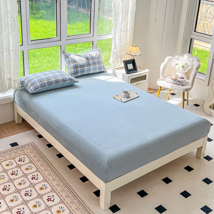 91家纺网 家纺一手货源 找家纺 柠萌家居 2023新款全棉色织水洗棉加牛奶绒四件套全棉拼牛奶绒 棉+绒-简兮蓝