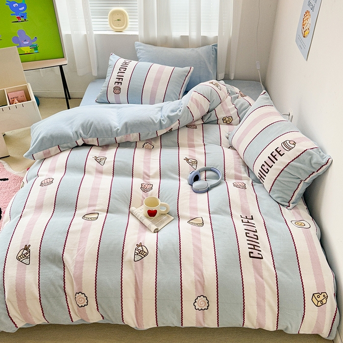 91家纺网 家纺一手货源 找家纺 昔可家纺 2023新款大版数码印花保暖牛奶绒四件套 美食派对