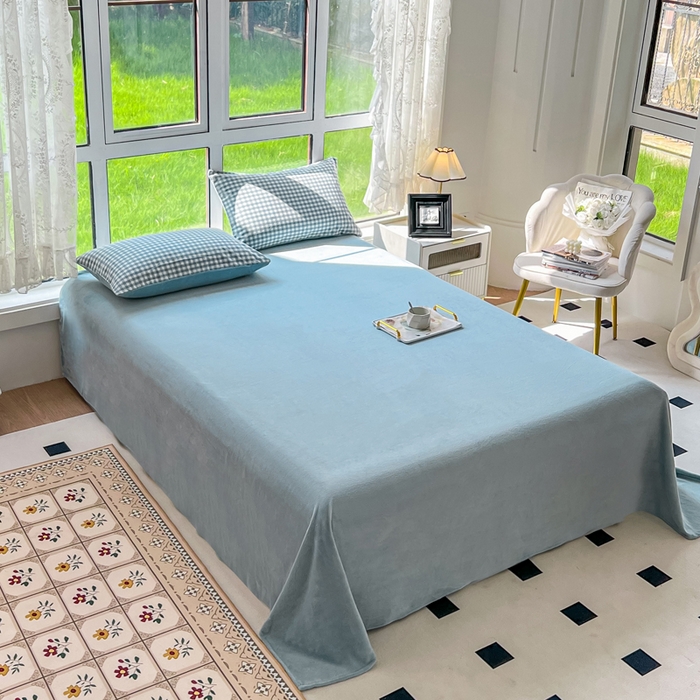 91家纺网 家纺一手货源 找家纺 柠萌家居 2023新款全棉色织水洗棉加牛奶绒四件套全棉拼牛奶绒 棉+绒-浅蓝小格