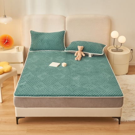 21度C 2023新款菱形格舒棉绒床笠 菱形格-湖蓝色