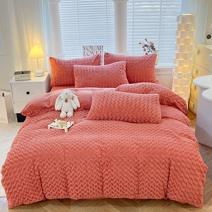 妖妖家纺 2023兔毛四件套-小玫瑰小格子 玫瑰-橘红