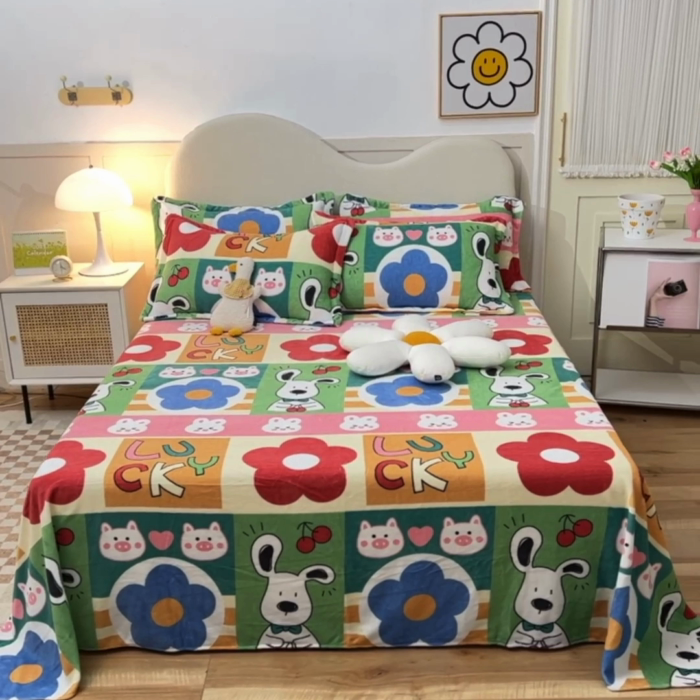 91家纺网 家纺一手货源 找家纺 甜之梦家纺  2025新款印花牛奶绒单品床单可定制任何尺寸  萌宠跳跳