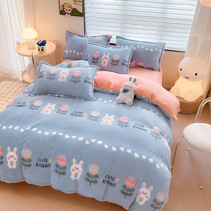 91家纺网 家纺一手货源 找家纺 美莱 2023爆款雪花绒四件套法莱绒牛奶绒被套量大价格优惠 蓝兔兔