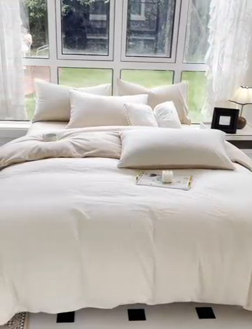 91家纺网 家纺一手货源 找家纺 柠萌家居 2023新款全棉色织水洗棉加牛奶绒四件套全棉拼牛奶绒 棉+绒-米极细条