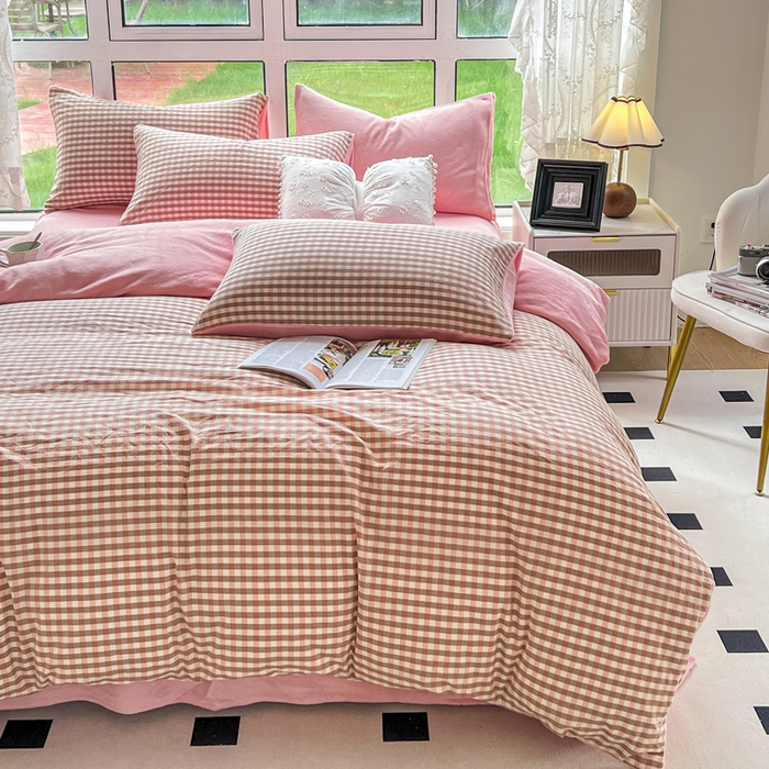 91家纺网 家纺一手货源 找家纺 柠萌家居 2023新款全棉色织水洗棉加牛奶绒四件套全棉拼牛奶绒 棉+绒-蜜粉小格