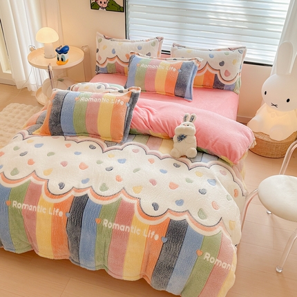 91家纺网 家纺一手货源 找家纺 美莱 2023爆款雪花绒四件套法莱绒牛奶绒被套量大价格优惠 彩虹