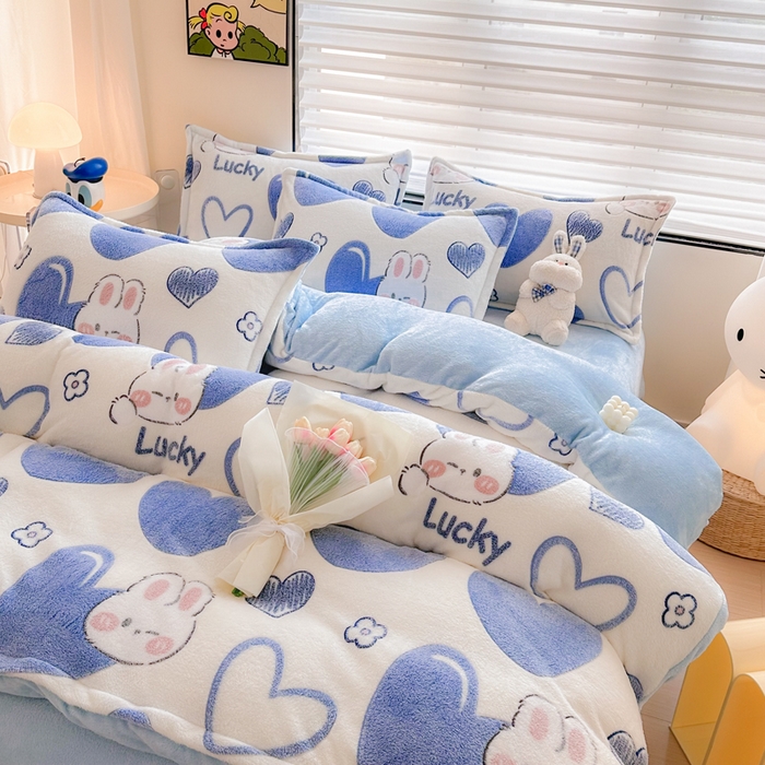 91家纺网 家纺一手货源 找家纺 美莱 2023爆款雪花绒四件套法莱绒牛奶绒被套量大价格优惠 爱心兔