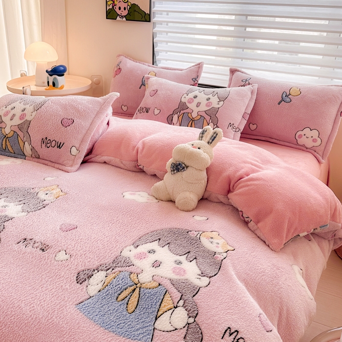 91家纺网 家纺一手货源 找家纺 美莱 2023爆款雪花绒四件套法莱绒牛奶绒被套量大价格优惠 快乐女孩