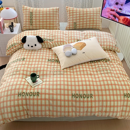 桃子家居 2023新款ins简约时尚奶油格子北欧极简加厚牛奶绒四件套 小香格