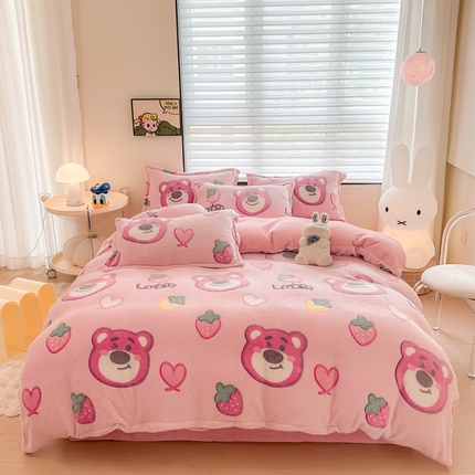 美莱 2023爆款雪花绒四件套法莱绒牛奶绒被套量大价格优惠 草莓熊