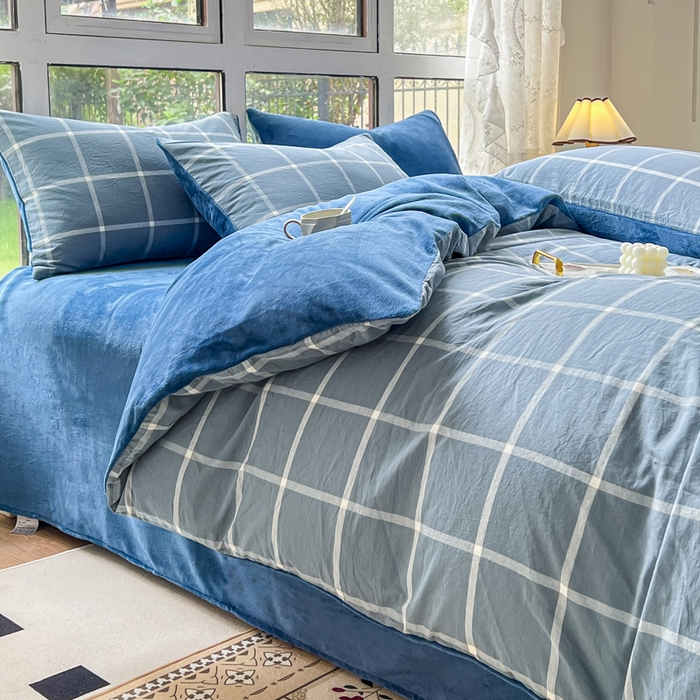 91家纺网 家纺一手货源 找家纺 柠萌家居 2023新款全棉色织水洗棉加牛奶绒四件套全棉拼牛奶绒 棉+绒-海蓝大格