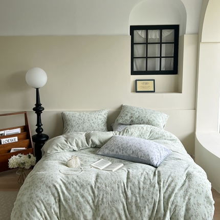 91家纺网 家纺一手货源 找家纺 柚子YOUTH 2023新款日系色烂雕花绒四件套 小春日和 绿