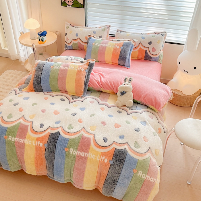 91家纺网 家纺一手货源 找家纺 美莱 2023爆款雪花绒四件套法莱绒牛奶绒被套量大价格优惠 彩虹