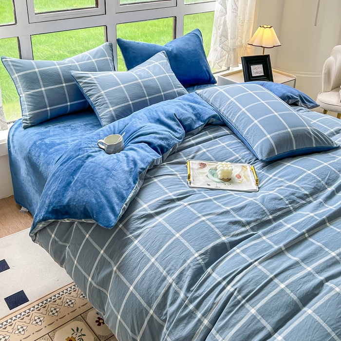 91家纺网 家纺一手货源 找家纺 柠萌家居 2023新款全棉色织水洗棉加牛奶绒四件套全棉拼牛奶绒 棉+绒-海蓝大格