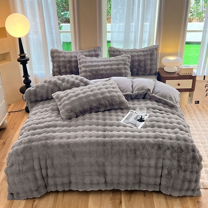 91家纺网 家纺一手货源 找家纺 妖妖 2023新款兔毛牛奶绒四件套-泡芙 泡芙-深灰