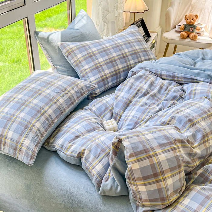 91家纺网 家纺一手货源 找家纺 柠萌家居 2023新款全棉色织水洗棉加牛奶绒四件套全棉拼牛奶绒 棉+绒-简兮蓝