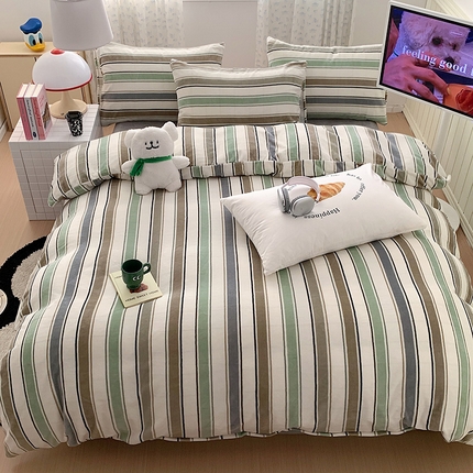 桃子家居 2023新款ins简约时尚奶油格子北欧极简加厚牛奶绒四件套 间尚绿