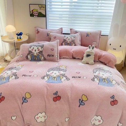 91家纺网 家纺一手货源 找家纺 美莱 2023爆款雪花绒四件套法莱绒牛奶绒被套量大价格优惠 快乐女孩