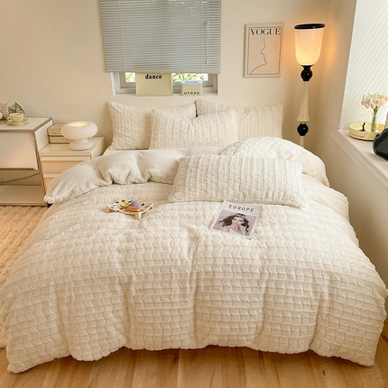 妖妖家纺 2023兔毛四件套-小玫瑰小格子 米白