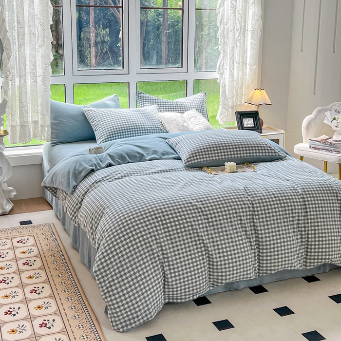 91家纺网 家纺一手货源 找家纺 柠萌家居 2023新款全棉色织水洗棉加牛奶绒四件套全棉拼牛奶绒 棉+绒-浅蓝小格