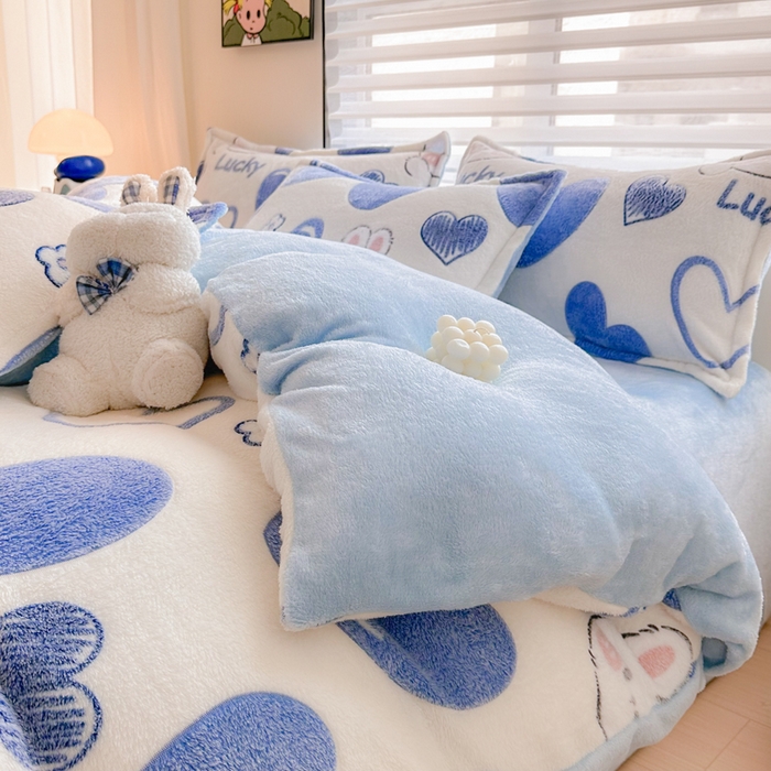 91家纺网 家纺一手货源 找家纺 美莱 2023爆款雪花绒四件套法莱绒牛奶绒被套量大价格优惠 爱心兔