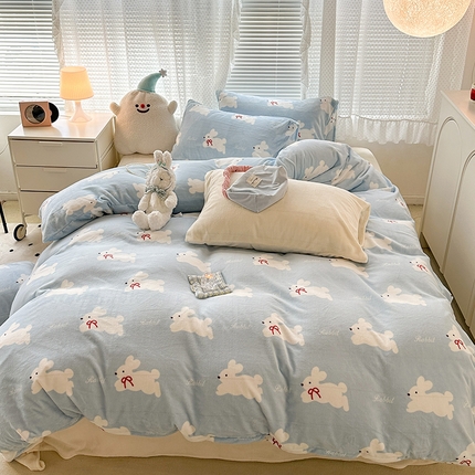 昔可家纺  2023新款高克重印花牛奶绒卡通系列四件套 丝带小兔蓝