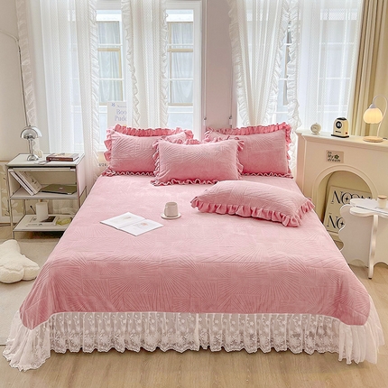 宜凡 2023新款烂花牛奶绒床盖三件套 条纹格-柔粉