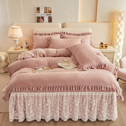 宜凡 2023新款烂花牛奶绒床裙四件套 斑马纹-胭脂色