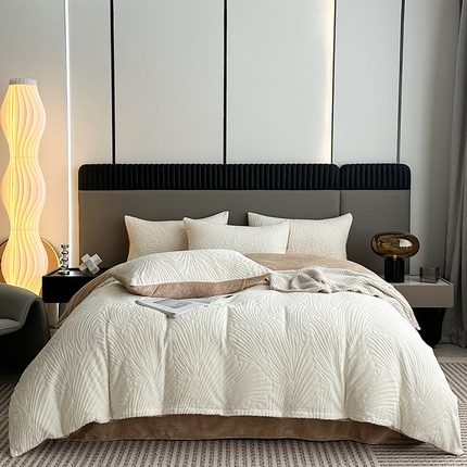 铠畅家纺 2023爆款A类230g立体雕花牛奶绒四件套 大浪淘沙花型-白