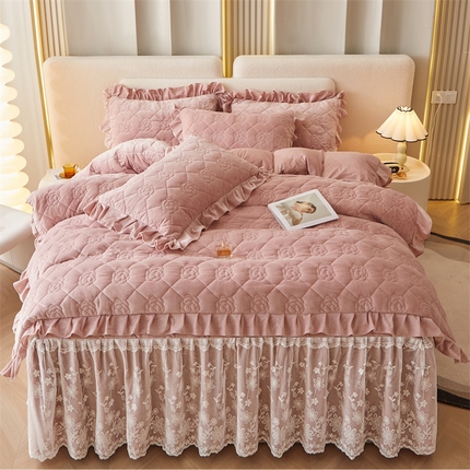 91家纺网 家纺一手货源 找家纺 宜凡2023新款婴儿绒全夹棉床裙四件套 豆沙粉